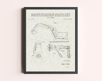 Stampa brevettata di attrezzature per l'edilizia con escavatore / Arte murale vintage di attrezzature per l'edilizia pesante / Arte brevettuale / Decorazione per la casa / Decorazione murale
