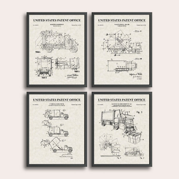 Garbage Truck Set of 4 Patent Prints | Vintage Wall Art | Patent Art | Home Decor | Wall Decor