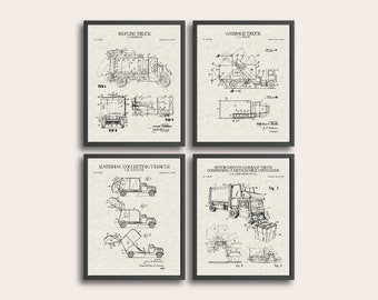 Garbage Truck Set of 4 Patent Prints | Vintage Wall Art | Patent Art | Home Decor | Wall Decor