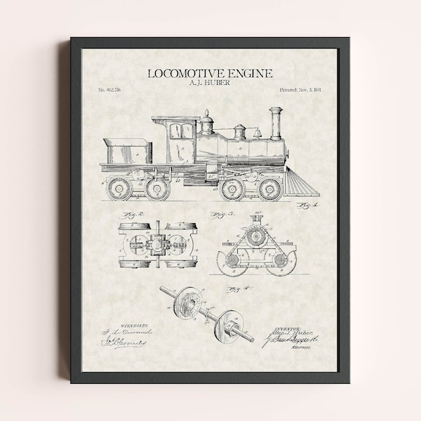 Locomotive Engine Train 1891 Patent Print | Vintage Train Art Print | Patent Wall Art | Patent Art | Home Decor | Wall Decor