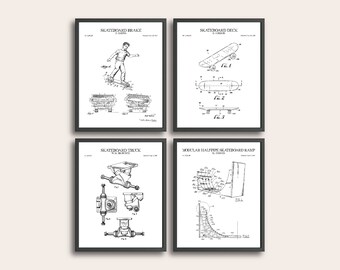 Set di 4 stampe brevettate di skateboard / Stampa skater / Stampa di attrezzature sportive / Arte murale vintage / Arte brevettata / Decorazione per la casa / Decorazione murale