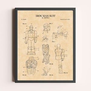 Puede incluir: Un dibujo en blanco y negro de un traje de Iron Man patentado. El patente se titula "Iron Man Suit" y se atribuye a M. Mitra. El patente se present&oacute; el 13 de junio de 2001. El dibujo muestra diferentes vistas del traje, incluyendo las vistas frontal, posterior y lateral.