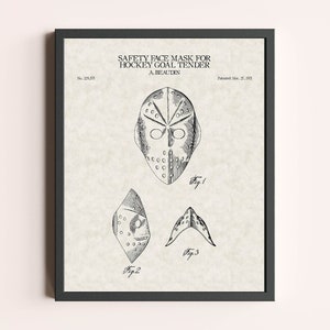 Masque de gardien de but de hockey imprimé brevet vintage | Équipement de sport Imprimer | Impression de hockey | Art mural vintage | Art du brevet | Décoration d&#39;intérieur | Décoration murale