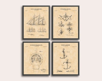 Sailboat Sailing Set of 4 Patent Print | Vintage Sail Boat Art Print | Nautical Marine Wall Art Decor | Sailor Art Print | Beach House Decor