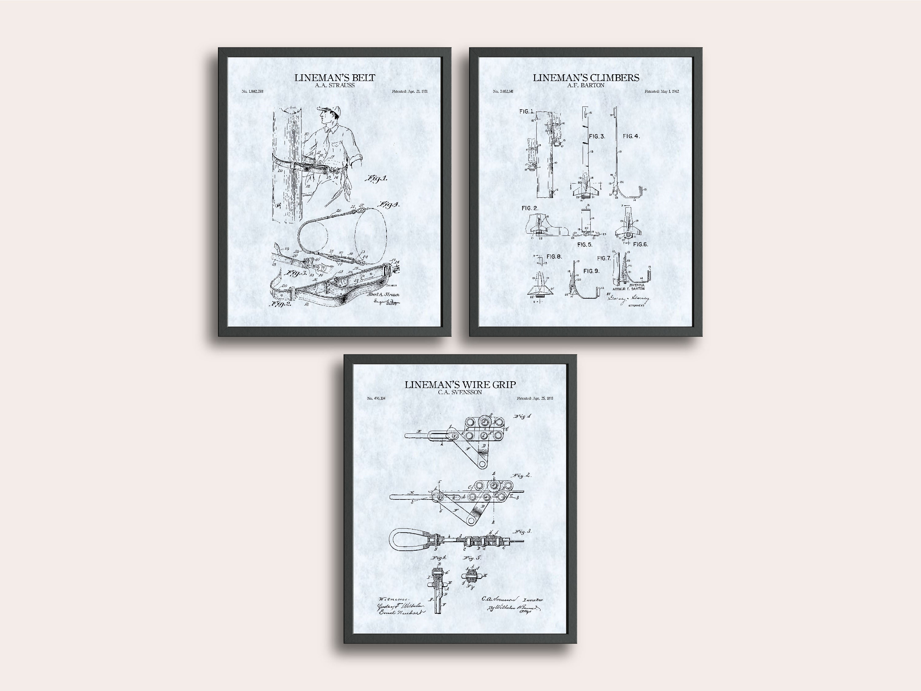 Lineman Tools Set of 3 Patent Prints | Electrician Print | Vintage Patent Art | Electrician Gift | Power Lineman Gift | Lineworker Gift