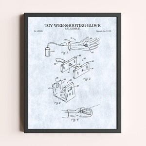 Peut inclure: Impression encadr&eacute;e d'un brevet de gant lanceur de toile jouet, avec des sch&eacute;mas d&eacute;taill&eacute;s et le texte "TOY WEB-SHOOTING GLOVE" et "S.E. KIMBLE". L'impression est en noir et blanc, avec un fond bleu clair.