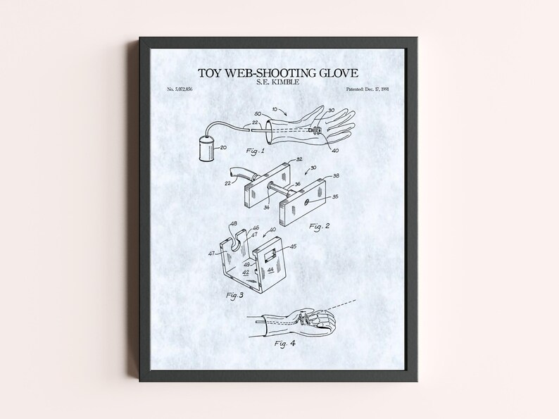 Peut inclure: Impression encadr&eacute;e d'un brevet de gant lanceur de toile jouet, avec des sch&eacute;mas d&eacute;taill&eacute;s et le texte "TOY WEB-SHOOTING GLOVE" et "S.E. KIMBLE". L'impression est en noir et blanc, avec un fond bleu clair.