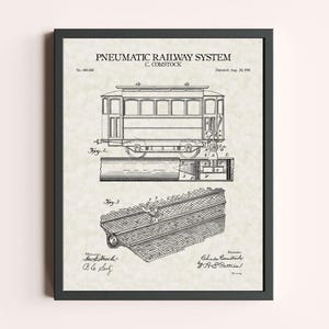 Peut inclure: Une impression de brevet encadrée intitulée PNEUMATIC RAILWAY SYSTEM par C. Comstock, brevetée le 28 août 1901. Le dessin technique en noir et blanc présente une vue latérale d'un wagon et une vue en perspective détaillée du système de voie.
