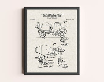Impression de brevet pour camion bétonnière | Art mural vintage | Art du brevet | Décoration d'intérieur | Décoration murale
