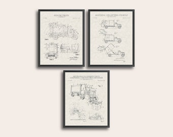 Garbage Truck Set of 3 Patent Prints | Vintage Wall Art | Patent Art | Home Decor | Wall Decor
