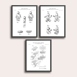 Toy Building Brick and Figure Set of 3 Patent Prints | Vintage Toy Wall Art | Patent Art | Home Decor | Wall Decor