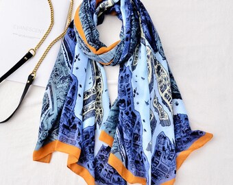 Blue city skyline scarf with yellow details