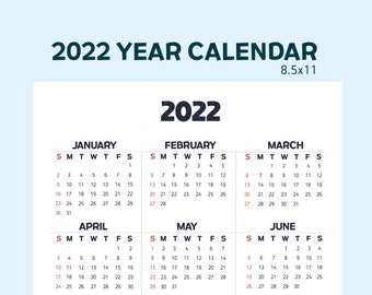 2022 Yearly Printable Calendar. Vertical Yearly Calendar 2022. 8.5x11" DIGITAL DOWNLOAD.