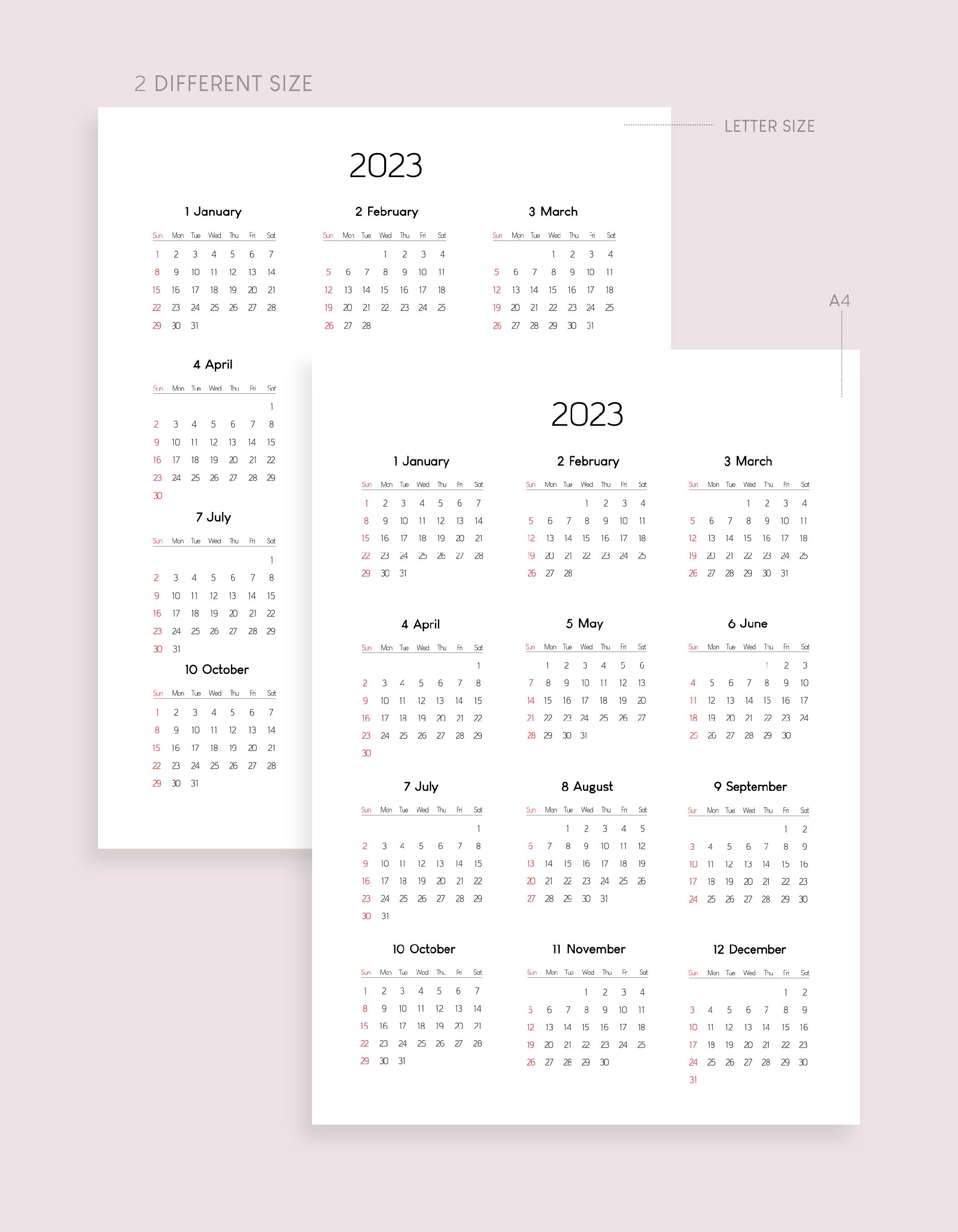 2023 Yearly Printable Calendar. Vertical Yearly Calendar 2023. - Etsy