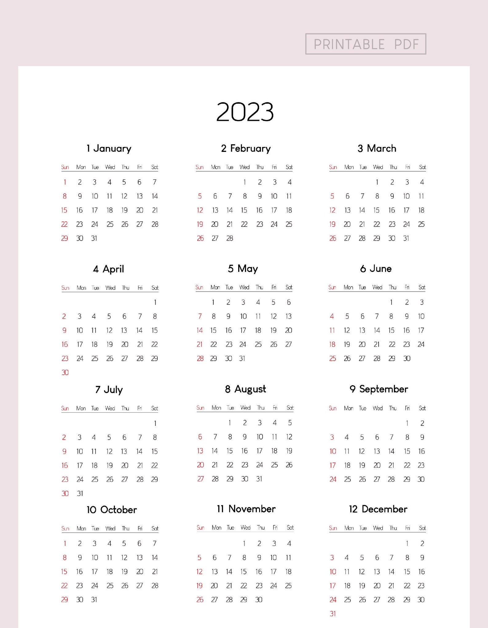 2023 Yearly Printable Calendar. Vertical Yearly Calendar 2023. - Etsy