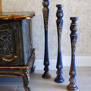 Set of 3 Natural Wood Tall Decorative Blue Colour Candle Holders-Home decor- Vintage Style -Wedding Decor-Christmas Day Gift