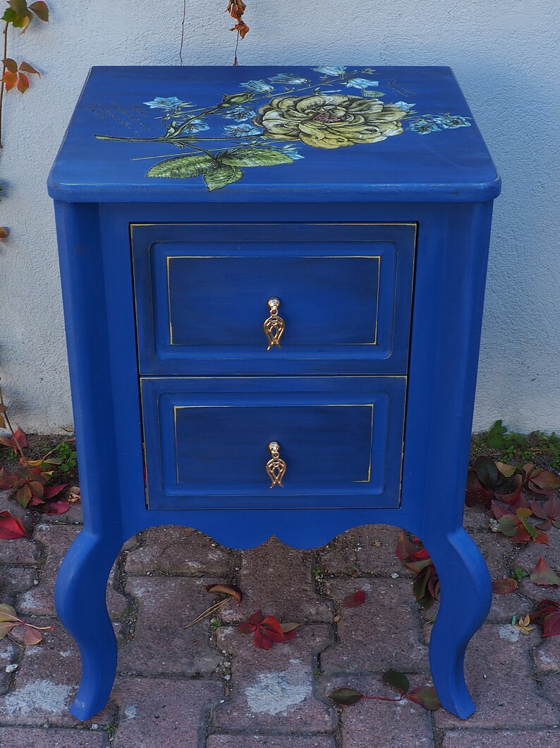 Vintage Style Blue Side Table With 2 Drawers Bed Side Table Etsy