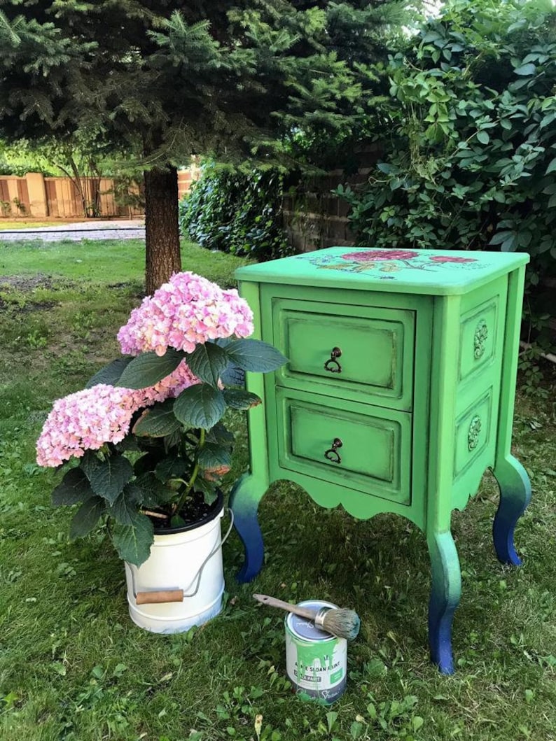 Vintage Style Green Side Table With 2 Drawers Bed Side Etsy