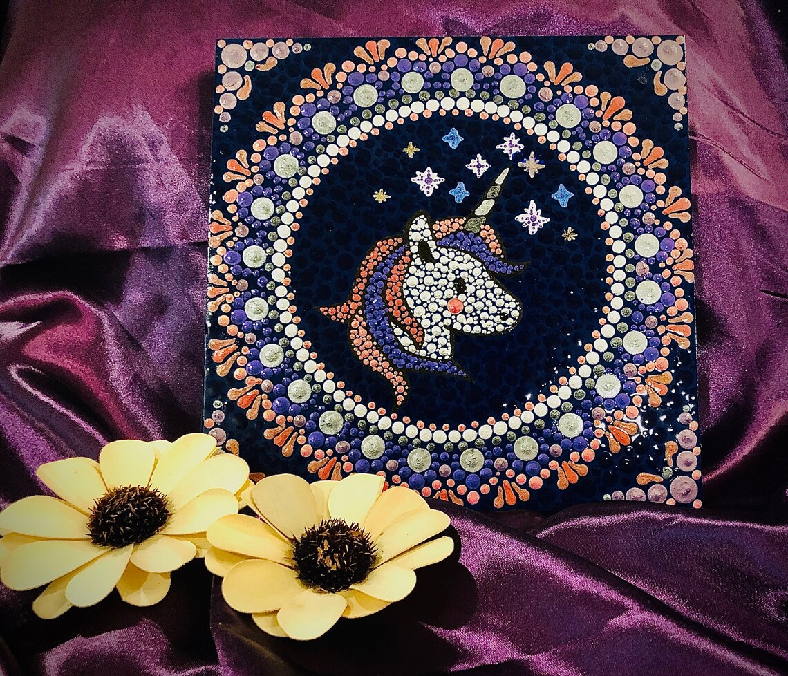 Happy little unicorn dot art original painting on 8x8 inch Etsy