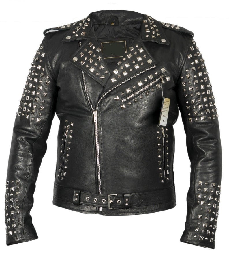 New Handmade Men Black Rockstar Fashion Fall Partywear High Studded Leather Jacket S to 3XL