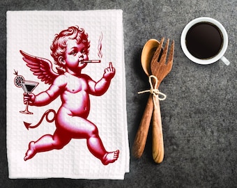 Dirty Cupid-funny dish towel, funny kitchen towel, inappropriate kitchen towel inappropriate Valentines humor, Valentines kitchen decor