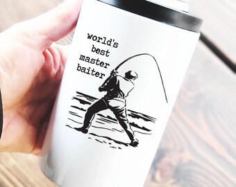Worlds best master baiter. 12 oz Can Cooler Tumbler w/ Dual Lids, funny koozie tumbler, inappropriate, men's gift, funny men's gift