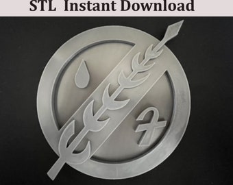 May include: A 3D printed model of the Mandalorian symbol, a silver-colored circle with a stylized plant, a drop of water, and a symbol resembling a cross inside.