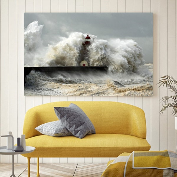 Leinwandbild canvas print Wandbild Leinwanddruck Fotoleinwand Maritim Natur Landschaft Leuchtturm Meer Ozean Wellen Sturm Wind