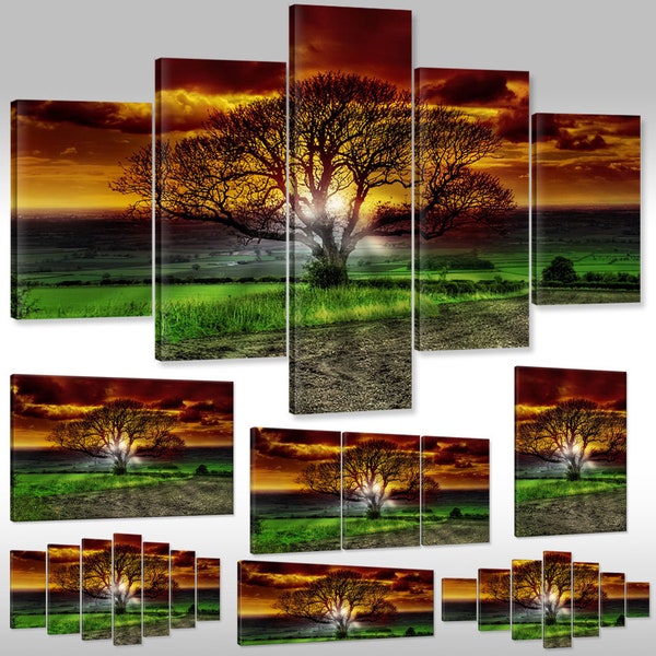 Canvas picture canvas print wall picture magic tree landscape nature fantasy beauty of the earth colors of nature fairy tale comic sunrise field