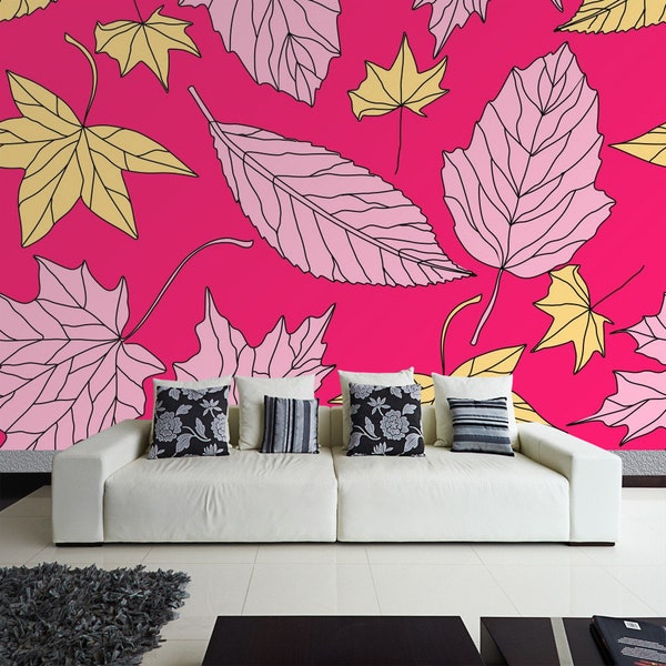 Mural Non-woven Wallpaper for Living Room Bedroom Exotic Plants Pink Leaves Autumn Patternincl. Paste