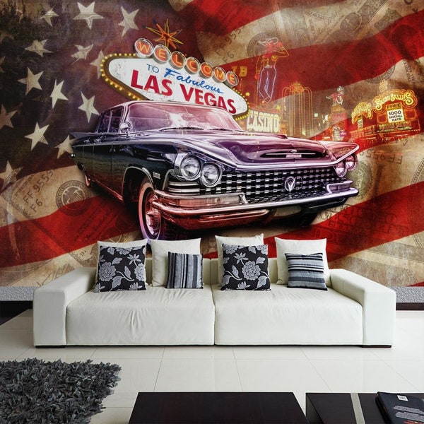 Fototapete Vlies Tapete Willkommen im sagenhaften Las Vegas Auto Oldtimer Wagen Buick Welcome to Fabulous Las Vegas USA Flaggeinkl. Kleister