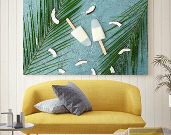 Leinwandbild canvas print Deko Wandbild für Küche Esszimmer Obst Früchte Kokos Pflanzen Blätter