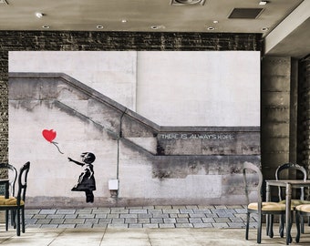 Vliesbehang graffiti street art street art Banksy meisje met rode ballon inclusief plaksel