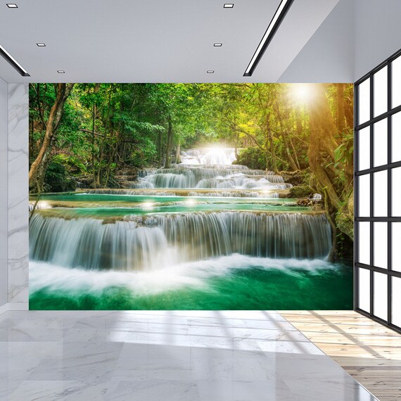 Photo Wallpaper Living - Water Plants Landscape for Paste Trees Nature Waterfall Fleece Etsy Room Wallpaper Cascade Green Incl