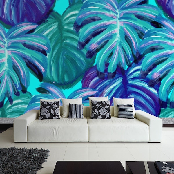 Mural Non-woven wallpaper for living room exotic plants blue Monstera leaves Monstera deliciosa Delicious window leafincl. Paste