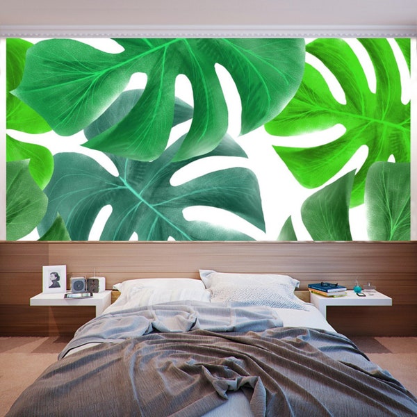 Fotobehang Fleece behang voor woonkamer exotische planten groen Monstera bladeren Heerlijk vensterblad Monstera deliciosa incl. pasta