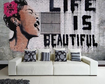 Papel tapiz no tejido mural Banksy Life is beautiful graffiti arte callejero arte callejero pared de ladrillo mural papel tapiz que incluye pasta