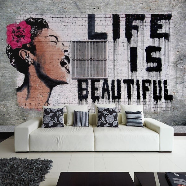 Fototapete Vlies nonwoven Tapete Banksy Life is beautiful Graffiti Straßenkunst Street Art Ziegelwand Mauer mural wallpaper inkl. Kleister