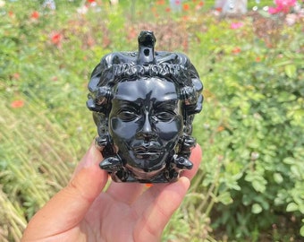 Hand Carved Black Obsidian Medusa Sculpture: Energy Stone GiftCrystal Decor