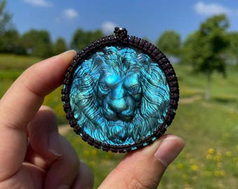 Hand Carved Flash Labradorite Lion Pendant Sculpture: Crystal Animal Carving # BCrystal Decor