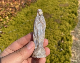 Natural Blue Flash Moonstone Virgin Mary Carving|Crystal Virgin Mary Sculpture Crystal Gift for Kids and Women|Crystal Healing Carving #02