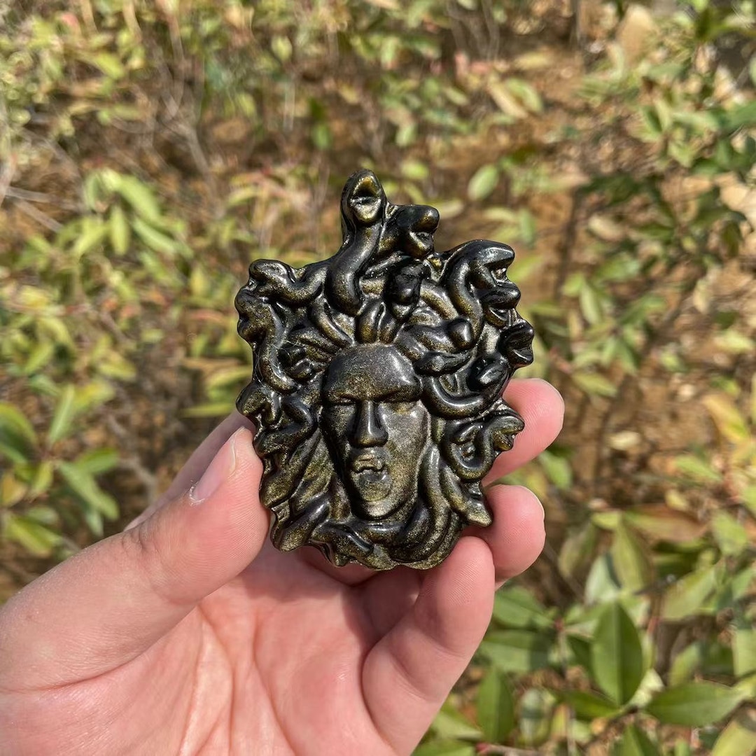 Hand Carved Golden Obsidian Medusa Carving With Strong Flashcrystal