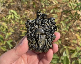 Hand Carved Golden Obsidian Medusa Sculpture: Crystal Energy StoneCrystal Decor