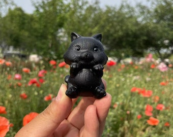 Black Obsidian Cat Carving: Healing Crystal Animal SculptureCrystal Decor