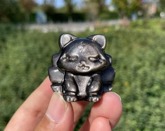 氷の黒曜石九尾狐クリスタル彫刻 - 天然クリスタル - 神話の生き物