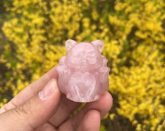 天然ローズクォーツ九尾狐の置物、手作りクリスタルフォックス彫刻