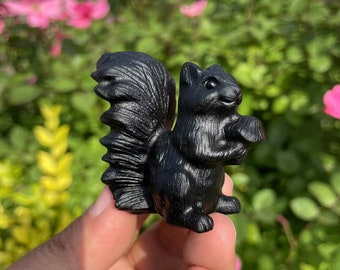 Hand Carved Black Obsidian Squirrel Sculpture: Healing Crystal GiftCrystal Decor
