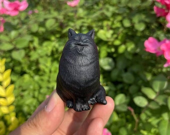 Handmade Funny Black Obsidian Cat Carving: Crystal SculptureCrystal Decor