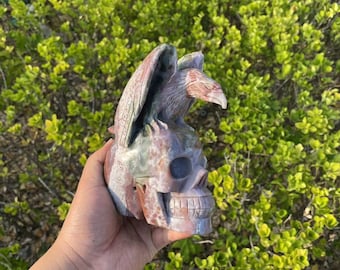 Hand Carved Ocean Jasper Skull with Eagle: Healing Crystal SculptureCrystal Decor