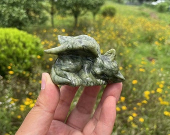 Natural Serpentine Sleeping Cat Carving with Wings: Healing Crystal Sculpture